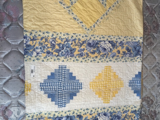 Yellow & Blue Log Cabin Floral Quilt