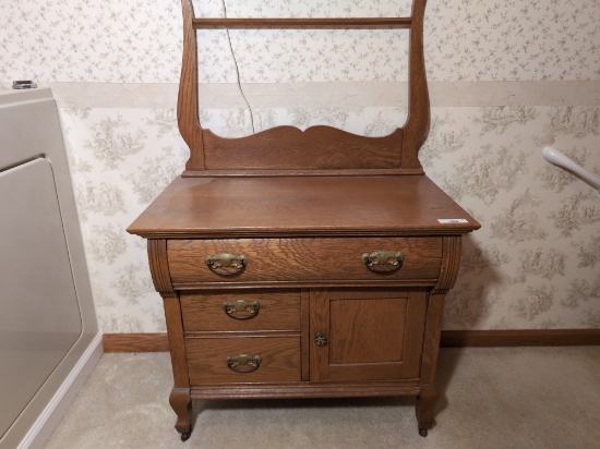Antique Oak Washstand with Towel Bar