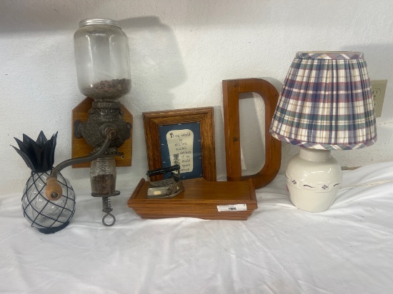 Antique Arcade Crystal Wall Coffee Grinder & Longaberger Lamp with Shade and more