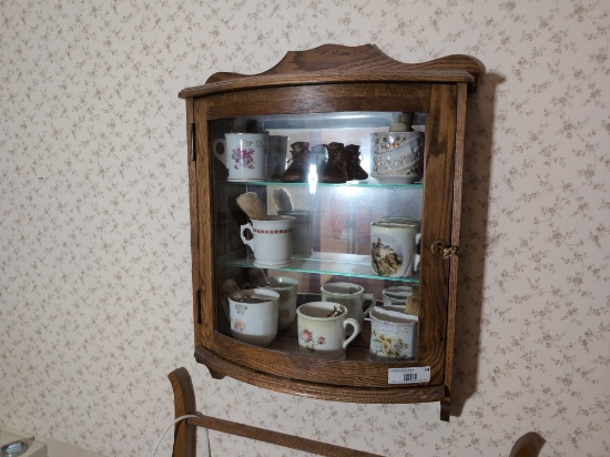 Oak Locked Wall Cabinet and Vintage Shaving Cups & Brushes