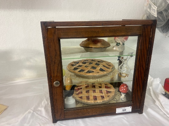Miniature Display Cabinet w/ Faux Pies & Decorative Miniatures with Vintage Wood & Glass Cabinet