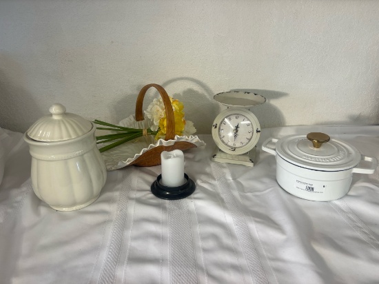 Country Kitchen Decor Bundle  Canister, Scale, Martha Stewart Enameled Cast Iron Dutch Oven