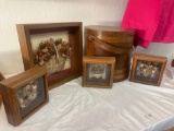 Dried Floral Shadow Box Art Set with Primitive Wood-Lidded Bucket