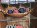 Large wooden bowl, salad paddle and fork, and yarn decor