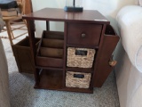 Wooden Swivel End Table with Storage Bins and Slots