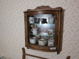 Oak Locked Wall Cabinet and Vintage Shaving Cups & Brushes