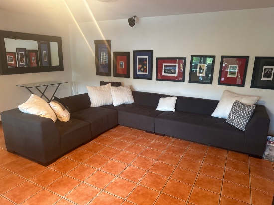 Contemporary Modular Sectional Sofa In Dark Gray With Throw Pillows