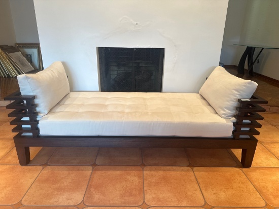 Modern Slatted Wood Daybed With Ivory Tufted Cushion And Bolsters