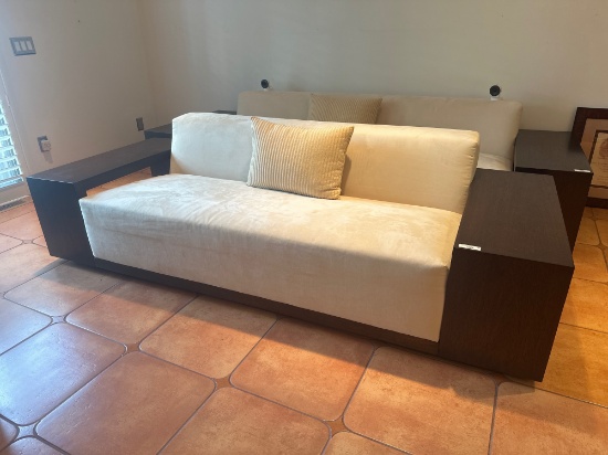 Modern Cream Upholstered Sofa With Built-in Wood Side Tables