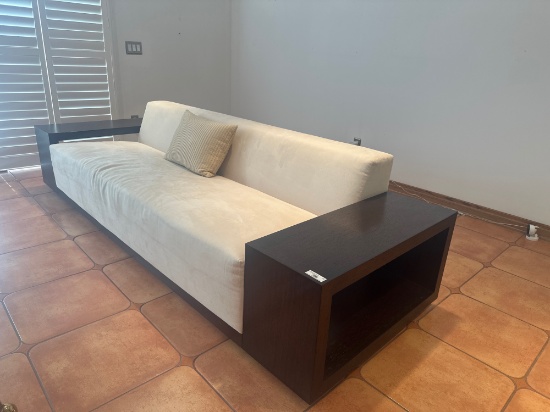 Modern Cream Upholstered Sofa With Built-in Wood Side Tables