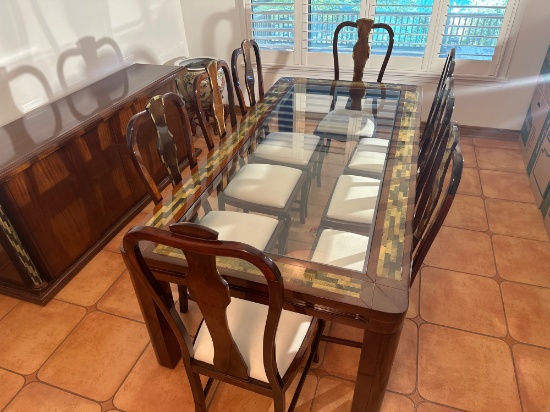 9-piece Dining Set With Glass Inlay Table And Upholstered Chairs