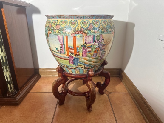 Large Chinese Fish Bowl Plante With Ornate Stand