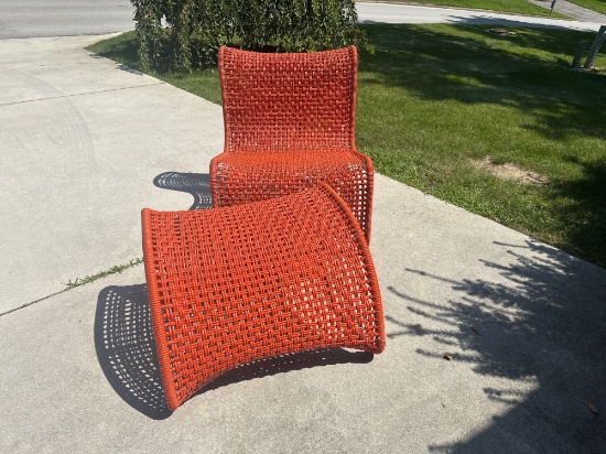 Contemporary Orange Woven Outdoor Chair & Ottoman Set Sculpted Design