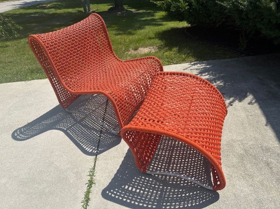 Contemporary Orange Woven Outdoor Chair & Ottoman Set Sculpted Design