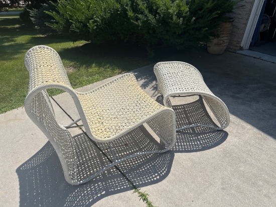 Contemporary Cream Color Woven Outdoor Chair & Ottoman Set Sculpted Design