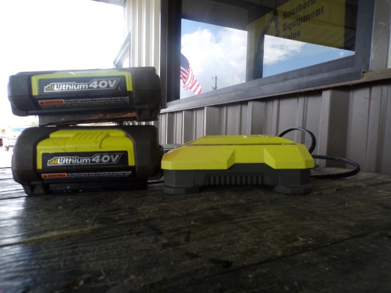 2 USED RYOBI LITHIUM 40V BATTERIES AND 1 CHARGER