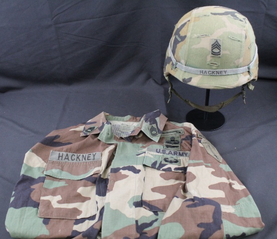 Gulf War Staff Sergeant Hackney U.S. Army PASGT M81 Woodland Pattern Kevlar Helmet and Blouse (RGS)