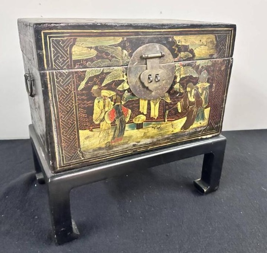 Asian Black Lacquered Box on Stand