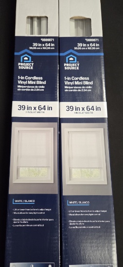 Lot of 2 Project Source 1 Inch Cordless Vinyl Mini Blinds 39x64