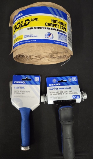 Lot of New Capitol Carpet Tools, Stair Tool, Loop Seam Roller, and Carpet Tape