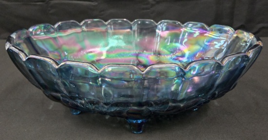 Vintage Indiana Glass Carnival Glass Blue Iridescent Footed Oval Center Bowl Harvest