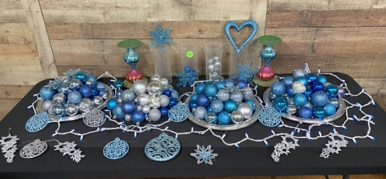 Huge Lot of Blue and Silver Ornaments Glass