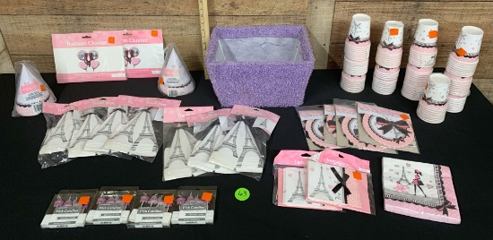 Lot of Paris Party Supplies Cups Napkins, and More