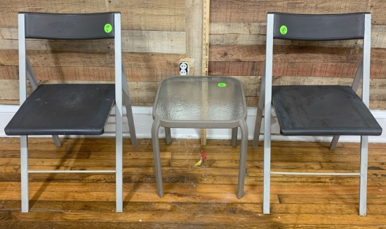 Lot of 2 Folding Chairs and Small Patio Table.