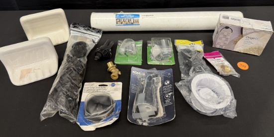 Lot of Assorted Plumbing Items- Soap Holders, Faucet & Handles, PEX Clamps, Brass Fitting
