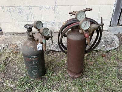 Lot of 2 Total Old Welding Tanks That We Think are Oxygen and Maybe Argon and Hoses