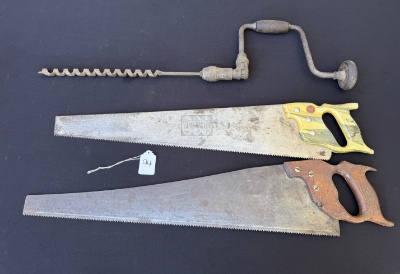 Vintage Hand Auger Speed Drill & 2 Carpenter Saws Globemaster