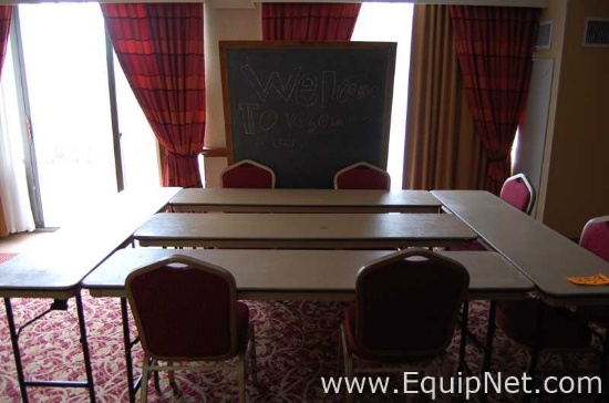 Lot of Conference Room Elements, Five Tables, Six Chairs and One Chalkboard
