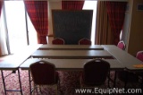 Lot of Conference Room Elements, Five Tables, Six Chairs and One Chalkboard