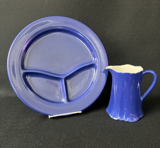 Red Wing Gypsy Trail 11" Plain Royal Blue Grill Plate and 5.5" French Design Pitcher