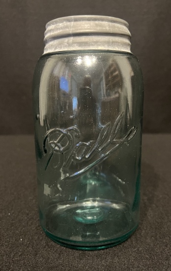 1900-1910 Ball 3-L Logo Turquoise/Aqua Quart Mason Jar with Zinc and Milk Glass Lid