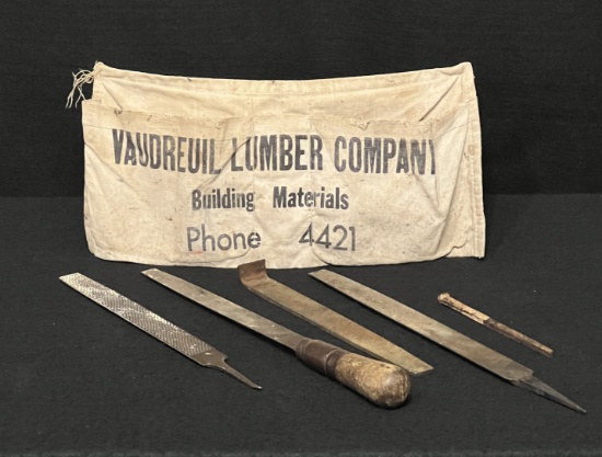 Vintage Metal Rasps & Files, Pry Lip File, Antique Spiked Nail & Vaudreuil Lumber Co. Apron