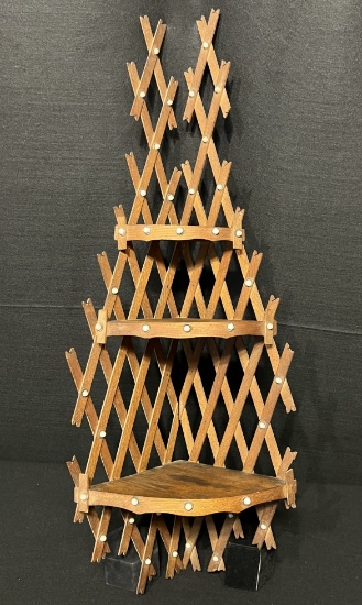 Tramp Art 3 Shelf Corner Wall Mount Etagere with Porcelain Heads