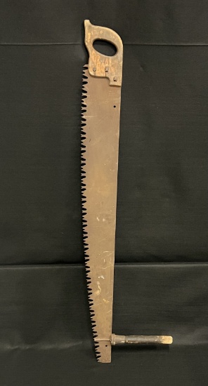 Antique Two-Man Crosscut Log Saw with One Wooden Standard Grip Handle & One Pull Handle