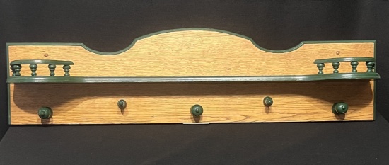 Oak and Green Painted Wall Hanging Coat Rack