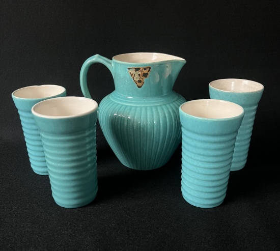 Red Wing Gypsy Trail Turquoise Water Pitcher and Four Tumblers