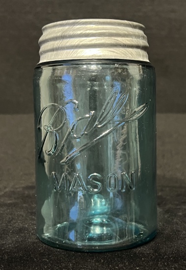 1900-1910 Ball 3-L Logo Turquoise/Aqua Pint Mason Jar with Zinc and Milk Glass Lid