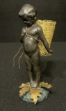 Vintage Petites Chases Cast Metal Child Brass Basket, Bronze Leaves, Marble Base