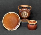 USA Brown Stoneware Salad Plate, Two Handled Vase and Sugar Bowl