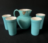 Red Wing Gypsy Trail Turquoise Water Pitcher and Four Tumblers
