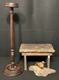 Wooden Candle Holder, Distressed Primitive Wooden Stool & Handmade Carved Walnut Bird