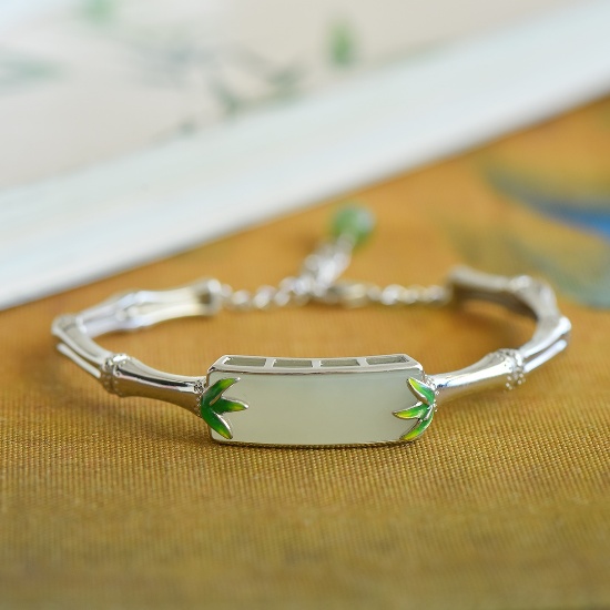 An Exquisite Sterling Silver Inlaid White Jade Enamel Bracelet