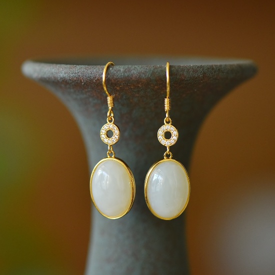 A Pair of Exquisite Sterling Silver-Gold Plated Inlaid White Jade Earrings