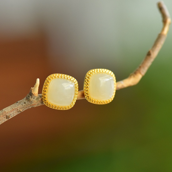 A Pair of Exquisite Sterling Silver-Gold Plated Inlaid White Jade Earrings