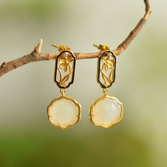 A Pair of Exquisite Sterling Silver-Gold Plated Inlaid White Jade Enamel Earrings