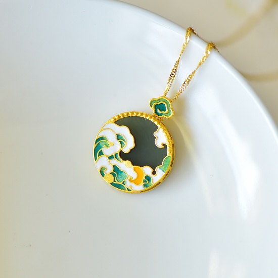 An Exquisite Sterling Silver-Gold Plated Inlaid Greenish Jade Enamel Pendant